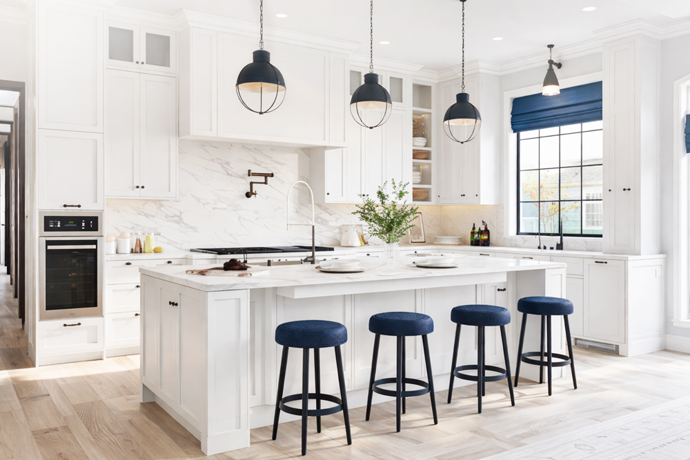 Kitchen remodeling featuring custom cabinetry, large island seating, and durable finishes designed for everyday use