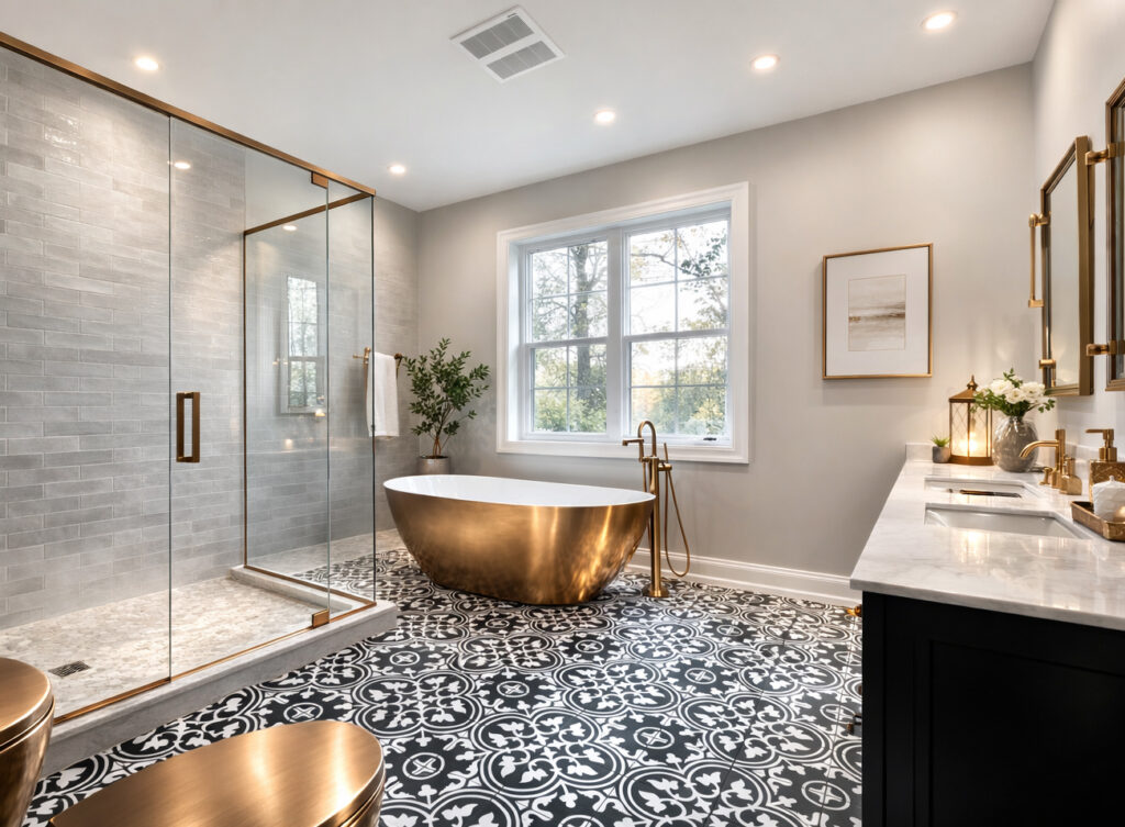 Modern bathroom remodel in a Tampa Bay home featuring a freestanding soaking tub, walk-in glass shower, patterned tile flooring, and custom vanity
