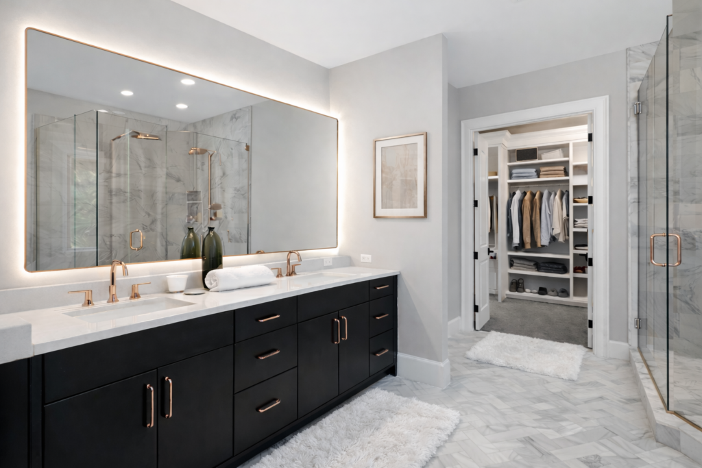 Luxury bathroom remodel in Tampa Bay with double vanity and frameless glass shower