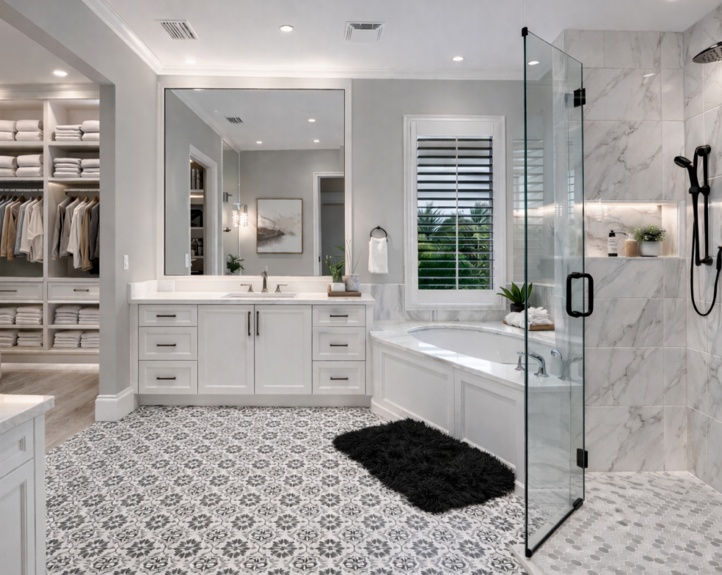 Luxury bathroom remodeling in Tampa Bay with soaking tub, frameless glass shower, and custom vanity