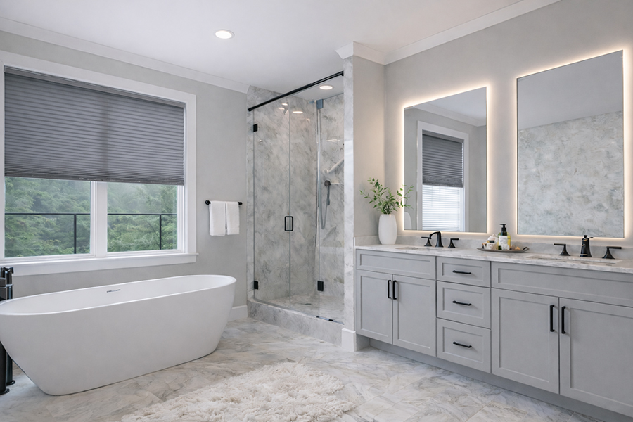 Modern bathroom remodeling project in Tampa Bay featuring marble shower and freestanding tub by Ambry Design