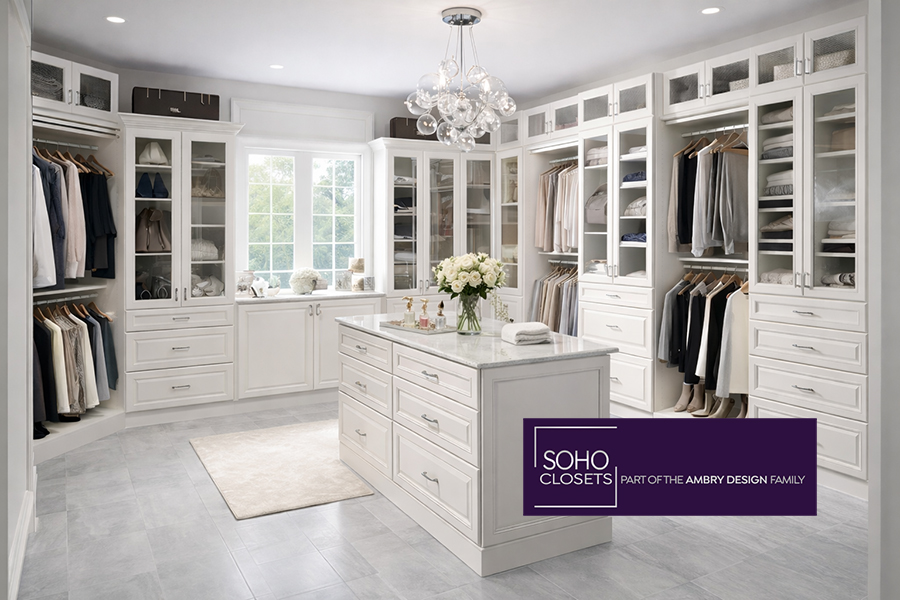 Custom walk-in closet design in Tampa Bay featuring built-in storage and organization systems by SoHo Closets
