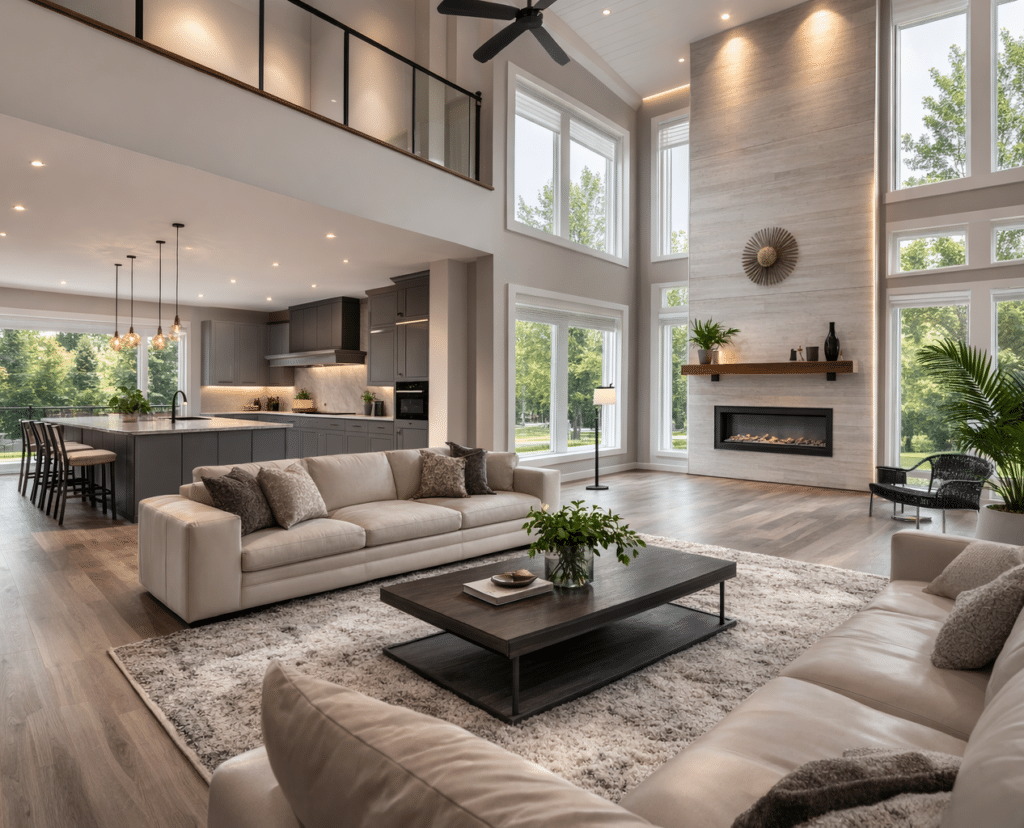 Full-home remodeling project in Tampa Bay featuring modern open living room, fireplace feature wall, loft overlook, and integrated kitchen design