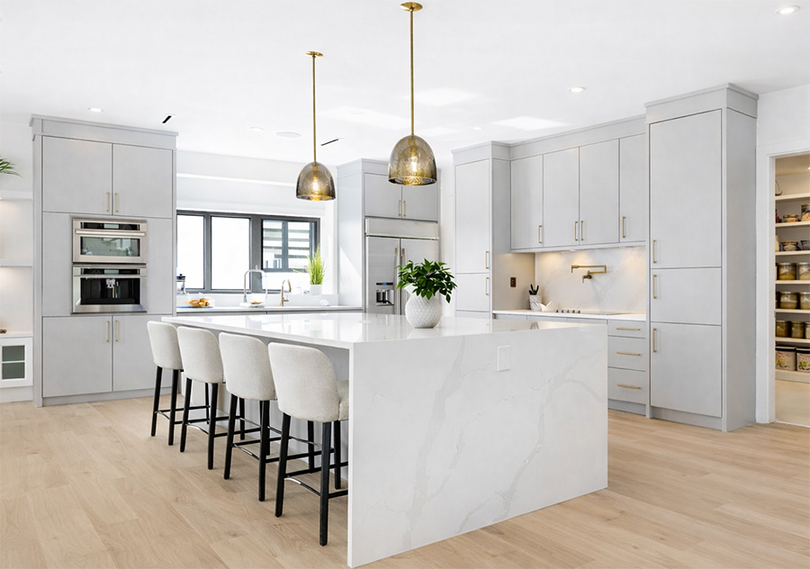 Modern kitchen remodeling project in Tampa Bay featuring custom white cabinetry and waterfall island by Ambry Design