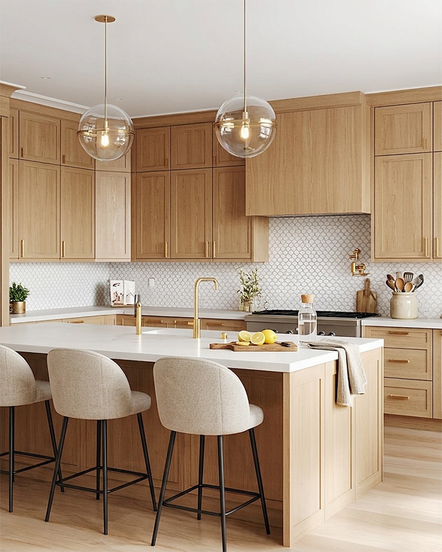 Modern kitchen remodeling in Tampa Bay with wood cabinetry, quartz countertops, and island seating